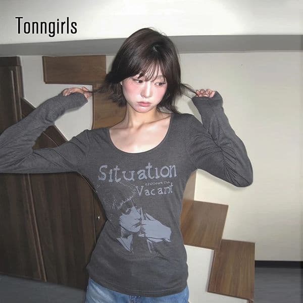 Tonngirls Y2k Vintage T-shirt Women Long Sleeve Print Graphic Tops Streetwear American Retro Grunge Tops E-girls 2000s Tshirts 260331