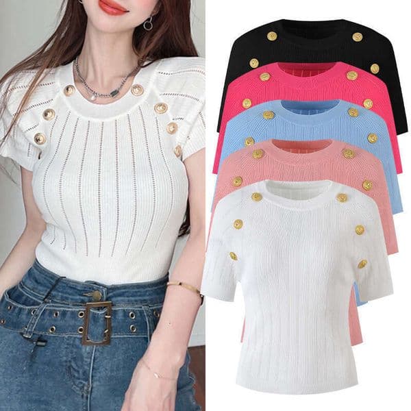 2022 FC Summer New Round Neck Slim Fit Knit Ice Silk FC Pullover Women's French Style Short Sleeve Top