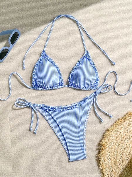 Sexy Bikini Womens Swimsuit Vacation Striped Patchwork Ruffled Trim Bikinis Sets Summer Female Swimwear 2026 Beach Bathing Suit 260403