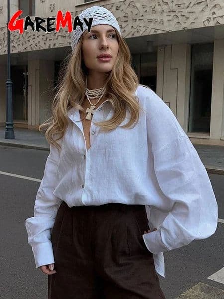 White Womens Linen Shirt Long Sleeve Elegant Pink Oversize Blouse Vintage Spring Basic Top Collar Cotton Linen Shirt for Women 260403