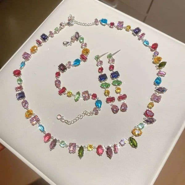 Jewelry Set Plated Luxury Colourful Crystal Zircon Necklace Dangle Earrings Link Bracelet Pashion Party Necklace 18K Jewelry Accessories Ladies Gift for Women