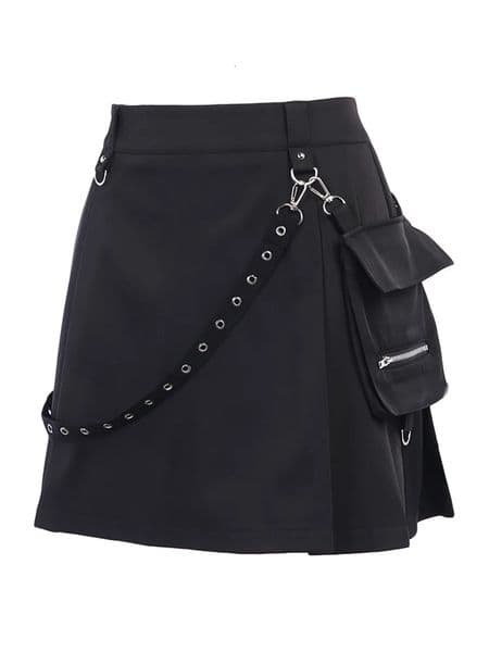 Women Gothic Punk Mini Skirts High Waist Half with Belt Pocket Korean Fashion Pleated Skirt 260403