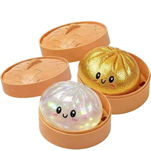 Giant Squishy, 2026 Soft Dumpling Ball with Steamer Box, Easter Gift Squeeze Stress Relief Sensory Figure Decor for Desk Office Home Relaxation White+Gold a46