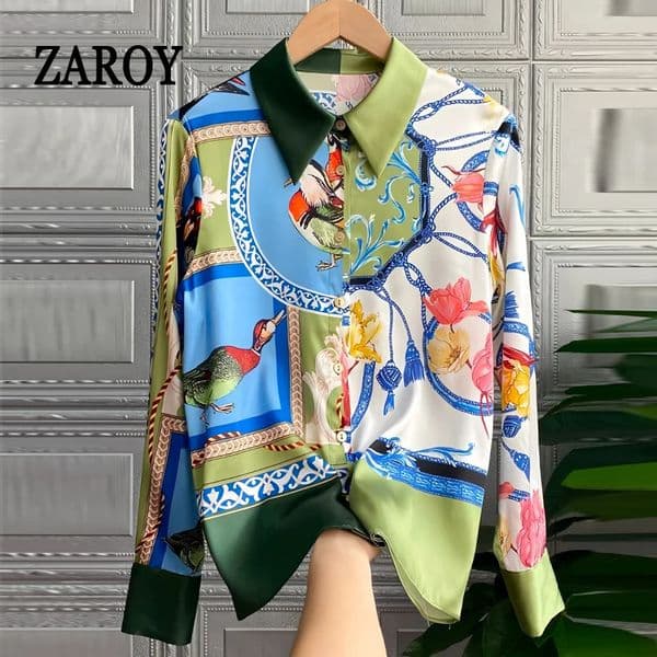 ZAROY Vintage Print Women Satin Shirts Autumn Long Sleeve Lapel OL Blouse Top Streetwear Woman Clothing Blusa Mujer 260326