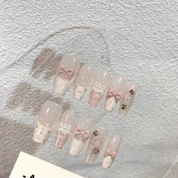 Spring Summer Sweet Sexy Handmade Wear Nail Powder Hand-painted Lace Bow Sweet False Nails Simple French Press-on Manicure 260327