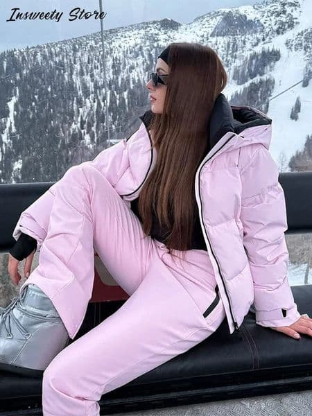 Fashion Solid Color Ski Suit Womens Hooded Full Sleeves Zippers Warm Coats High Waist Pants Autumn Winter Lady Tracksuit 260403