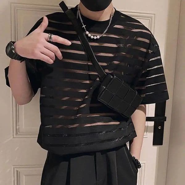 Men T Shirt Mesh Striped O-neck Short Sleeve Transparent Men Clothing Streetwear Sexy Korean Fashion Tee Tops S-5XL INCERUN 260327BJ