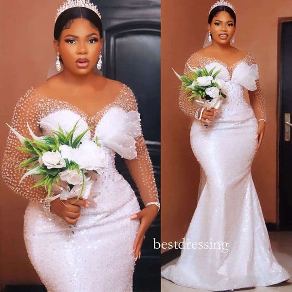 2024 Arabic Aso Ebi Plus Size White Mermaid Wedding Dress Beaded Crystals Sequined Luxurious Bridal Gowns Dresses Zj204 D0406