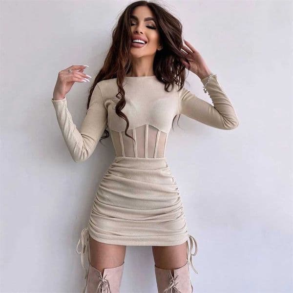 Shirring Mesh Hollow Out Bodycon Dress Women O Neck Long Sleeve Mini Vestidos Ribbed Hot Sexy Dresses Fashion High Street Wear J260406