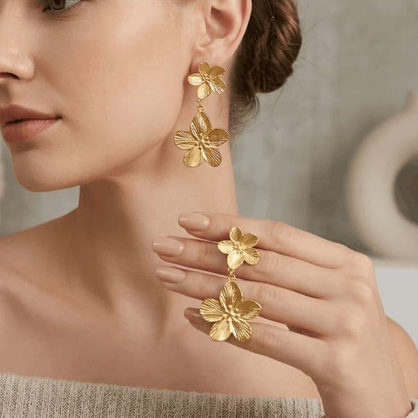 Free Shipping High Value Gold Plated Double Daisy Dangle Earrings For Women Boho Flower Drop Earrings Fashion Jewelry Gift