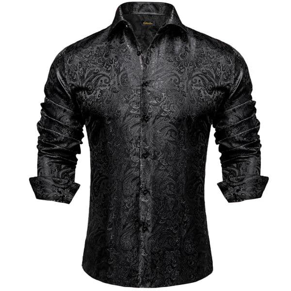 Mens Long Sleeve Black Paisley Silk Dress Shirts Casual Tuxedo Social Shirt Men Clothing 260402