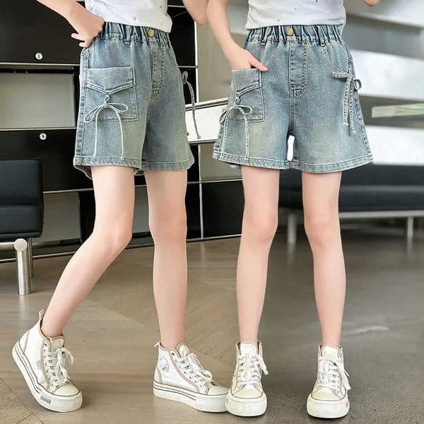 New Girls Shorts Summer Childrens Denim Shorts with Bow For Kids Trousers Casual Beach Shorts Hot Pants For Teen Girl Clothes H260406