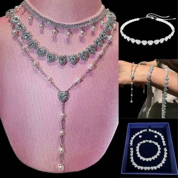 Classy Designer Necklace Arianna Heart Necklace Womens Austria Pearl Chain Fancy plated silver Necklaces Dazzling Engagement Unique shi877