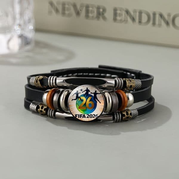STOCK 2026 World Cup Us, Canada And Mexico Joint Emblem PU Leather Retro Multi-Layer Bracelet Fan Tide Brand Hand Jewelry Free Shipping Puppyhome Shipping