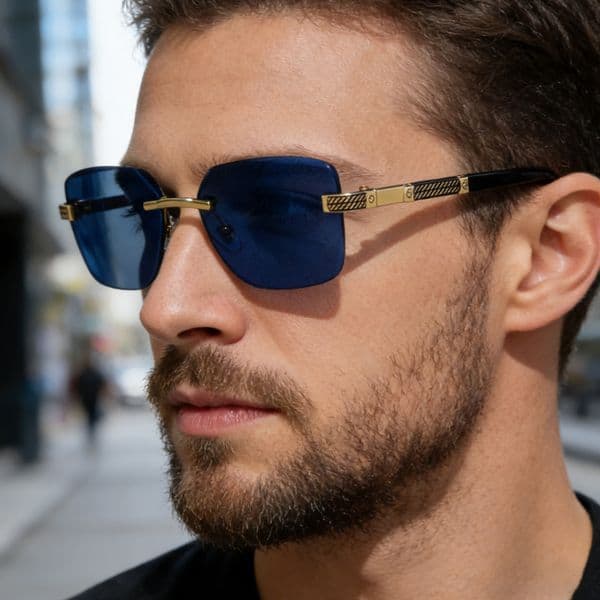 2026 New Fashion Square Rimless Vintage Wood Grain Outdoor Sun Protection Sunglasses for Men,