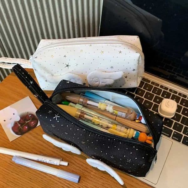 Print Wings Star Dots Pencil Case Y2k Desktop Storage Korean Style Pen Bag Large Capacity Stationery Storage H260406