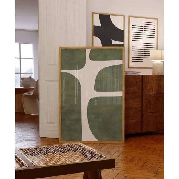 Mid-century Organic Lines Modern Minimalist Green and Beige Tones Printable Wall Art Painting Unframed 26H0406
