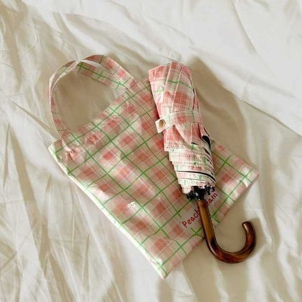 Pink Plaid 2 in 1 Umbrella UV Protection Sun Rain Portable Hook Handle Vintage Foldable Black Coated Daily Umbrella H260406