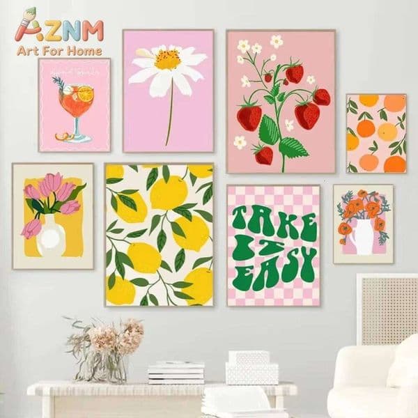 1PC Colorful Lemon Strawberry Flower Minimalist Wall Art Print Canvas Painting Posters for Living Room Modern Home Decor 26H0406