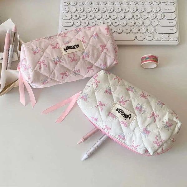 Bowknot Bow Stationery Bag Pink/White Large Capacity Korean Style Pencil Case Desktop Storage Aesthetic Bow Pencil Pouch Office H260406