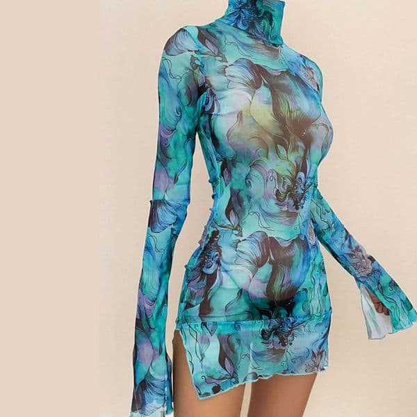 Ladies Mesh Printed Y2k Vintage Dress High Street Slim Elastic Bodycon Party Dress Round Neck Bell Sleeve Side Open Hip Dresses J260406