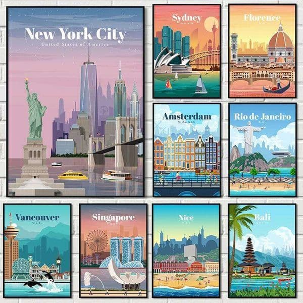 World Famous Tourist Cities Poster Prints London New York City Travel Wall Art Canvas Painting Picture Home Living Room Decor 26H0406