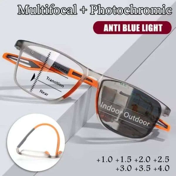 3in1 Photochromic Multifocal Reading Glasses Progressive Look Far and Near Eyeglasses Men Sport TR90 Frame Anti Blue Light Grade