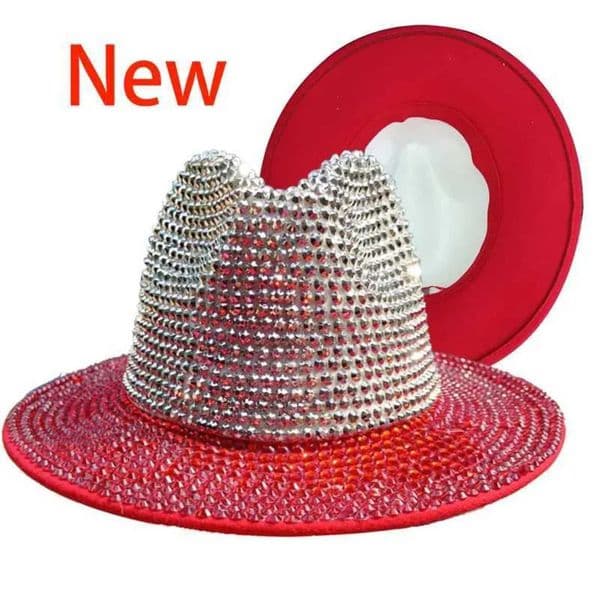 Designer Red Rhinestone gift set Cowboy Fedora Panama New Womens Splicing Jazz Party Stage Performance Female Hat Decoration 3