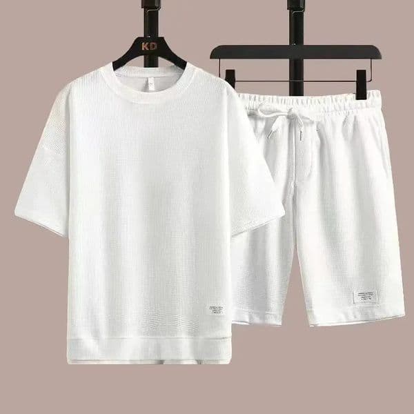 2024 Summer Mens Fashion Casual Sports Set Round Neck Loose Short sleeved Shorts Waffle Two Piece 260401BANJIA