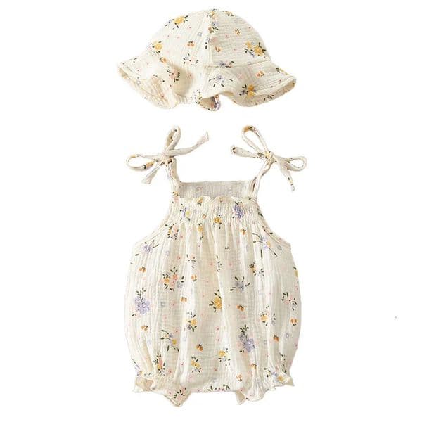 Summer Baby Floral Bodysuit 318M Infant 2PCS Outfit Girls One Piece Onesie And Hat Full Print Thin Toddler Straps n 260407