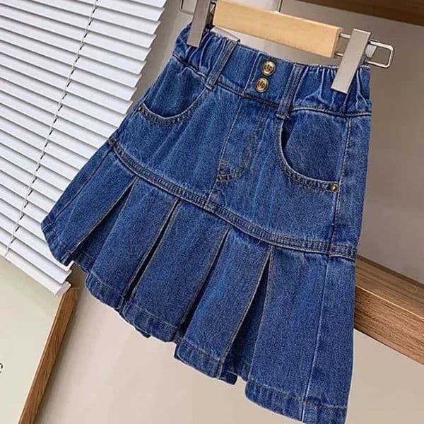 Girls Denim Skirt Pants 4-12Y Childrens Summer Clothing Spring Autumn College Style High Waisted Washed Denim Pleated Skirt H260407
