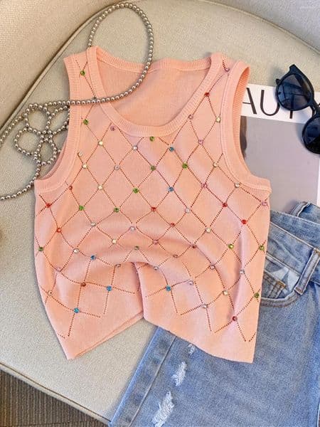 Womens Tanks Colorful Rhinestone Knitted Tank Top Casual Crew Neck Slveless For Summer Clothing Crop Camis Z260518