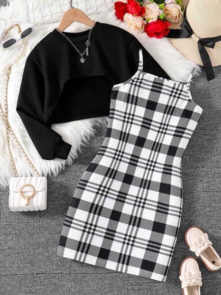 Spring and Autumn girl cute fashion outdoor casual 2-piece round neck long sleeve top sleeveless plaid dress set L260406