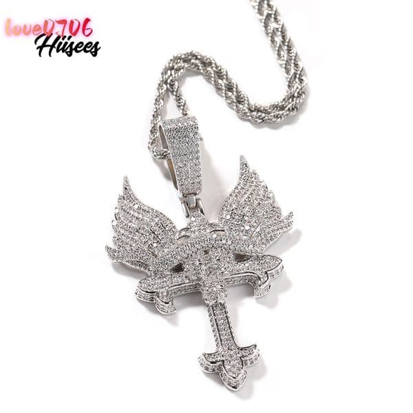 Latest Jewelry Trends Hip Hop Men Iced Out Moissanite Cross Pendant Silver Plated White Gold Angel wings Cross Necklace