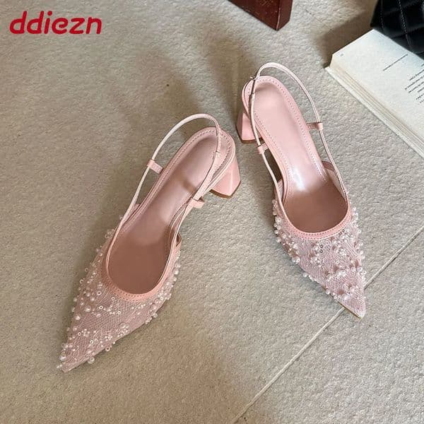 Pink Square Heels Pumps Shoes For Women Slip On Slingbacks Pointed Toe Mules Fashion String Bead Dress Ladies High Heels Shoes 260407