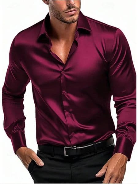 Highquality smooth and glossy satin pure color lightweight fashionable business office casual longsleeved shirt for men 260331
