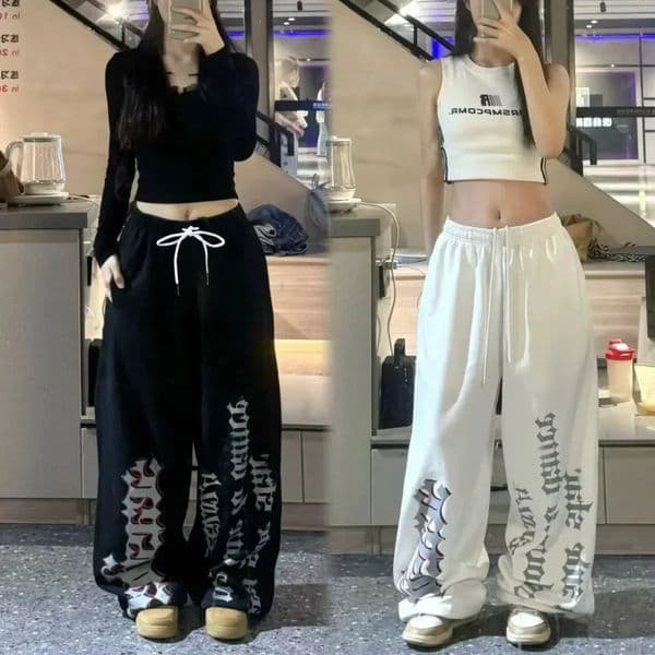 2026 Retro Y2K Womens Wide Leg Track Pants Casual Street Dance Baggy Joggers Sweatpants Trendy Print Letter n Versatile 260403