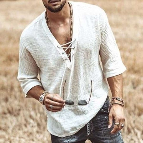 T Shirt Tops 2026 European And American New Style Wish Hot-Selling Men's Chest Tie Eyelet Sleeve T-Shirt Shirt Men's Clothing