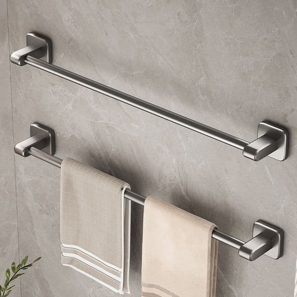 Gunmetal Gray Towel Bar, No Drill Self-Adhesive Towel Rack, Rustproof Carbon Steel Towel Holder for Bathroom Kitchen Laundry, Wall Mounted Towel Hanger with