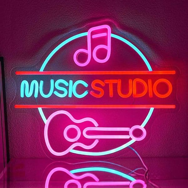 Music Studio Neon Sign with Pink Note and Guitar for Home Studio Bar Band Room Vintage LED Wall Art Glowing Decoration Z260407