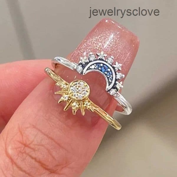 Blue 2023 Summer Celestial Sparkling Moon And Sun Pondora Ring For Women Cocktail Stackable Finger Band Fashion Silver 925 Fine Jewellry