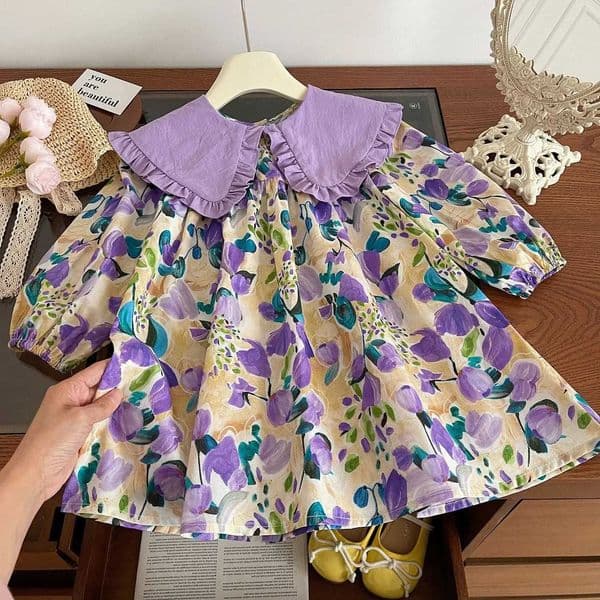 Girls Casual Dresses Purple Flower Print Lace Lapel Puff Sleeves and Long Sleeves Flower Party Dress for Kids Girl 2 To 7 Years L260407