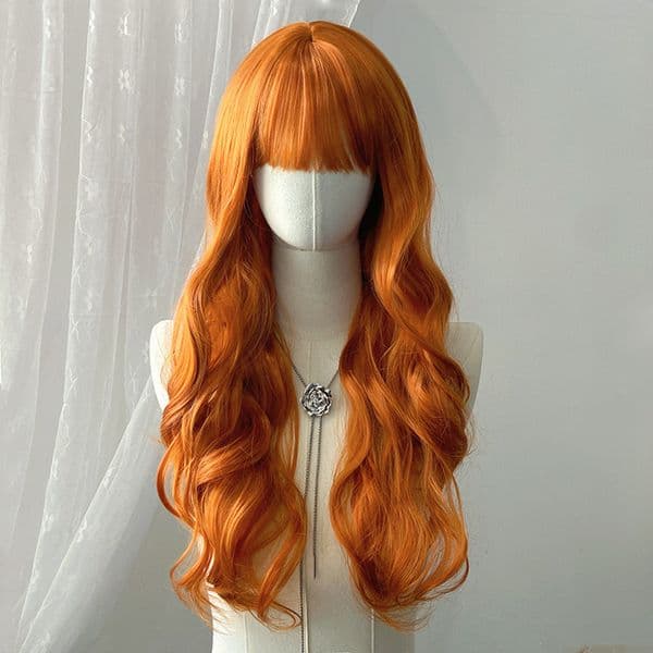 Wavy Curly Wig with Bangs Heat Resistant Synthetic 26 Inch Black Brown Blonde Pink Red White Orange Mint Blue Grey Full Cap