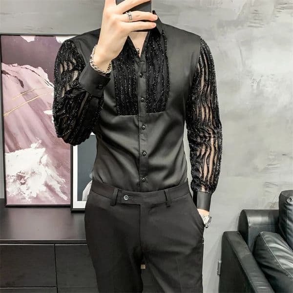 Lace Hollow Shirts for Men Long Sleeve Slim Fit Streetwear Social Party Blouse Nightclub Singer Dj Clothing Camisas Para Hombre 260403