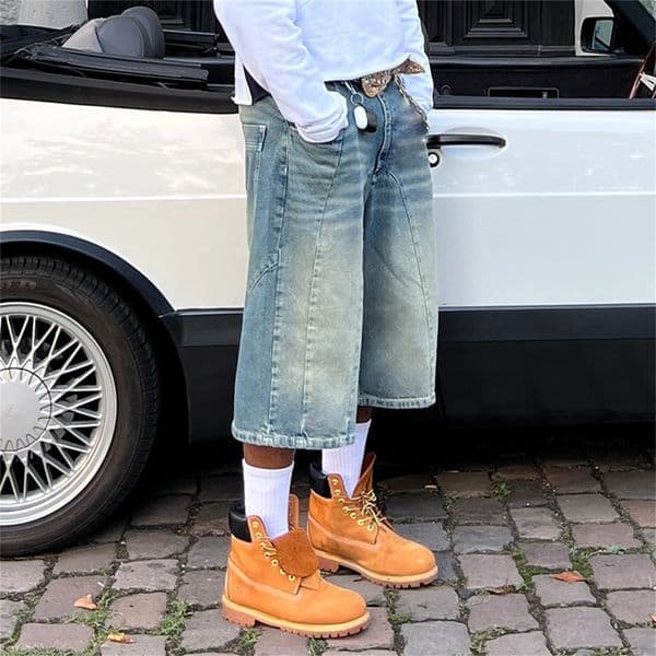 Men Baggy Denim Shorts Retro Wide Leg Carpenter Mid Jeans Zipper Hip Hop Jorts with Pockets Casual Streetwear 260407
