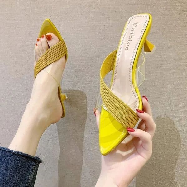 Summer Women Yellow Green Beige Pumps Sandals For Ladies Sexy Mules High Heels Slip-on Slippers Slides Shoes 260407