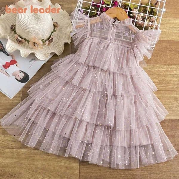 Bear Leader Summer Sweet and Cute Childrens Clothing Sequin Decoration Mesh Cake Dress Birthday Party Girls Dress New Year L260407