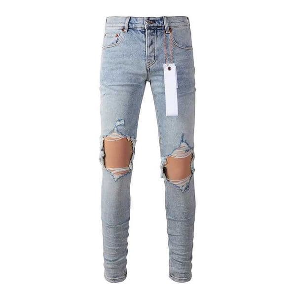 Mens American High Strt Fashion Distressed Washed Classical Blue Damaged Holes Stretch Skinny Button Fly Jeans Pants T251210