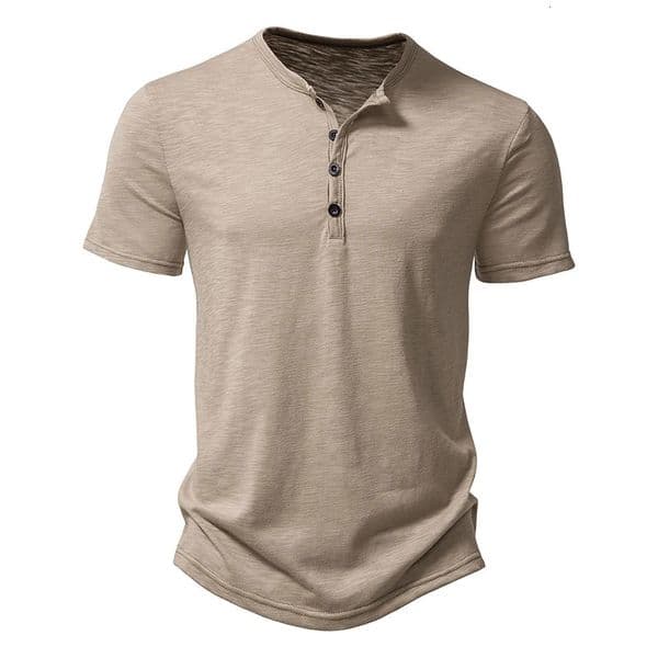 Men Summer Fashion Hip Hop Streetwear T-Shirts Henry Collar Solid Color Cotton Top Tees Mens Casual Button Short Sleeve T Shirts 260407