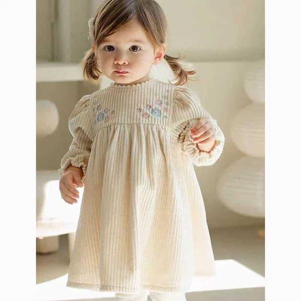 Kids Outfits Autumn Baby Girl Corduroy Princess Dress Embroidered Flowers Puff Sleeve Dress Children Retro Casual Loose Dresses L260407